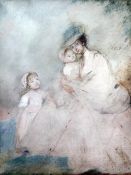 Late 18th century English Schoolpastel on paper,Sketch of a mother and her two children,12.5 x