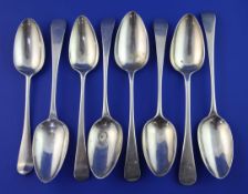 A harlequin set of 18th and 19th century silver table spoons, including eight Old English and one