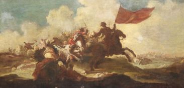 Jacques Courtois (1621-1676) called Le Bourguigonoil on canvas,Cavalry skirmish,14.75 x 29.75in.