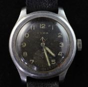 A 1940's/1950's stainless steel Cyma military issue wrist watch, with black Arabic dial and