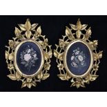 A pair of 19th century pietra dura floral panels, in Florentine gilt frames, overall 12 x 8.25in.