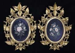 A pair of 19th century pietra dura floral panels, in Florentine gilt frames, overall 12 x 8.25in.