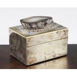 Anthony Redmile. A small silver plated rectangular cigarette box, the lid mounted with a slice of