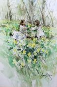 Gordon King (b.1939)watercolour,Gathering daffodils,signed, John Magee label verso,20 x 14.5in.