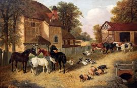 John Frederick Herring Jnr (1815-1907)oil on canvas,Farmyard scene with horses, cattle, pigs and