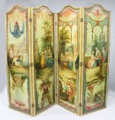 A Victorian four fold screen, each panel decorated with a figural oil on canvas, in the manner of