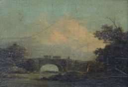 Early 19th century English Schooloil on wooden panel,Cattle drover on a bridge,4.25 x 6.5in.