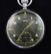 A chrome cased Recta military pocket watch, with black Arabic dial and subsidiary seconds, the