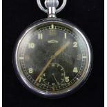 A chrome cased Recta military pocket watch, with black Arabic dial and subsidiary seconds, the