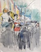 Clifford Hall (1904-1973)ink, coloured crayon and watercolour,Acrobats and crowd, Hampstead, 10 x