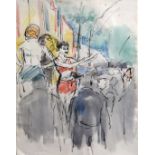 Clifford Hall (1904-1973)ink, coloured crayon and watercolour,Acrobats and crowd, Hampstead, 10 x