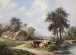 Victorian Schooloil on canvas,Landscape with cattle beside a pond,11.5 x 15.5in.