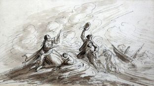 Attributed to John Joseph Barker (fl.1835-1863)ink and wash,Survivors struggling ashore from a