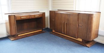 An Art Deco walnut sideboard and matching serving table, each with shallow breakfront and bowed