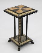 A Ceylonese ebony and bone inlaid square occasional table, with porcupine quill panel, W.1ft