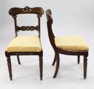 A set of six William IV inlaid rosewood dining chairs, with shaped crest rails and spar backs,