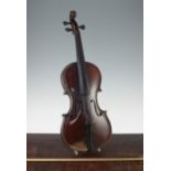 A 19th century German violin, with carved lion-head scroll, together with a nickel mounted bow and