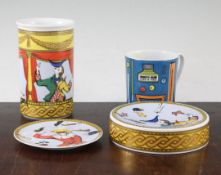 Fornasetti for Rosenthal: Four Commedia dell'Arte items, including two dishes, a candle holder and a