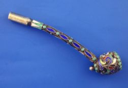 A late 19th/early 20th century Russian 84 zolotnik silver and cloisonne enamel miniature pipe,