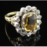 A 19th century style gold, citrine and rose cut diamond set cluster ring, the central emerald cut