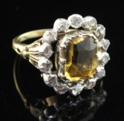 A 19th century style gold, citrine and rose cut diamond set cluster ring, the central emerald cut