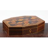 A Tunbridge Ware specimen wood perspective cube octagonal box, 10in.