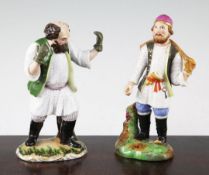 Two porcelain figures of a water carrier and a peasant, Kornilov Brothers Manufactory, St