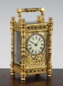 An early 20th century French gilt brass carriage timepiece, with paste set case and bezel, 5.25in.
