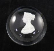 A young Queen Victoria sulphide portrait paperweight, c.1840, 6.5cm