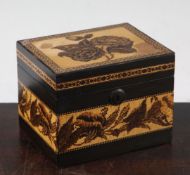 A Tunbridge ware coromandel flower bouquet tea caddy, 8.5in.