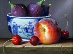 Raymond Campbell (20th C.)oil on board,Still life of fruit and a Chinese bowl,signed,5.5 x 7.5in.