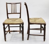 A set of six 19th century country rush seat dining chairs, with bobbin turned top rail and four