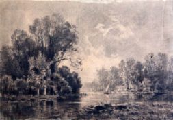 Maxime Lalanne (1827-1886)black chalk on paper,River landscape,label remnant verso,11 x 16.5in.