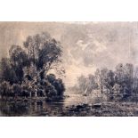 Maxime Lalanne (1827-1886)black chalk on paper,River landscape,label remnant verso,11 x 16.5in.