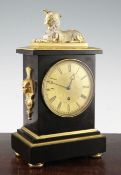 A Regency ormolu mounted slate mantel timepiece with Sphinx surmount and movement signed Gorham,