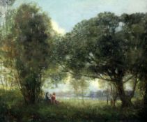 William George Robb (1872-1940)oil on canvas,Figures seated beneath trees in a landscape,bears