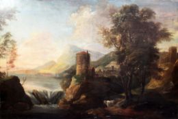 Follower of Sebastiano Ricci (1659-1734)oil on canvas,Landscape with figures under a tower by a