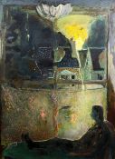 § Harold Mockford (1932-)oil on board,Sleeping figure with houses and flames viewed through the