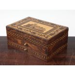 A Tunbridge ware rosewood 'Eridge Castle' gaugework and mosaic sewing box, 9.5in.