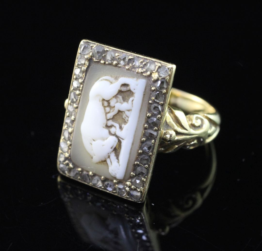 An antique gold, cameo and rose cut diamond set ring, the late 18th/early 19th century cameo