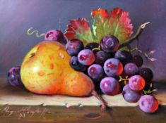Raymond Campbell (20th C.)oil on board,Pear with grapes,signed,5.5 x 7.5in.
