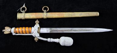 A German WWII Third Reich naval officer's dagger, by F.W. Holler Solingen, with wire bound amber