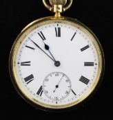 An Edwardian 18ct gold keyless open face pocket watch, with engraved monogram and Roman dial with