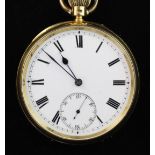 An Edwardian 18ct gold keyless open face pocket watch, with engraved monogram and Roman dial with