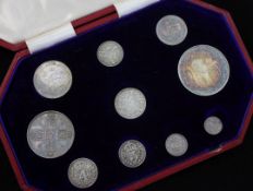 A George V 1911 specimen proof part coin set, comprising eight silver coins (lacking sovereign and