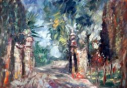Janus Halapy (Hungarian, 1893-1961)oil on board,Entrance to a park,signed,16.5 x 24in.