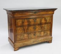 A 19th century French marble top walnut commode, fitted with four long drawers, on bracket feet, W.