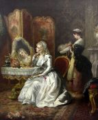 19th century French Schooloil on canvas,Interior with lady sat at a dressing table, her maid