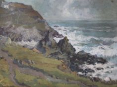 Hurst Balmford (1871-1950)oil on card,'Polperro Cliffs and Peak Rocks',signed with label verso,15.