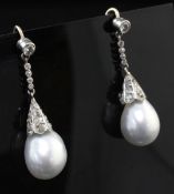 A pair of Victorian style platinum and gold, cultured baroque pearl and diamond set drop earrings,